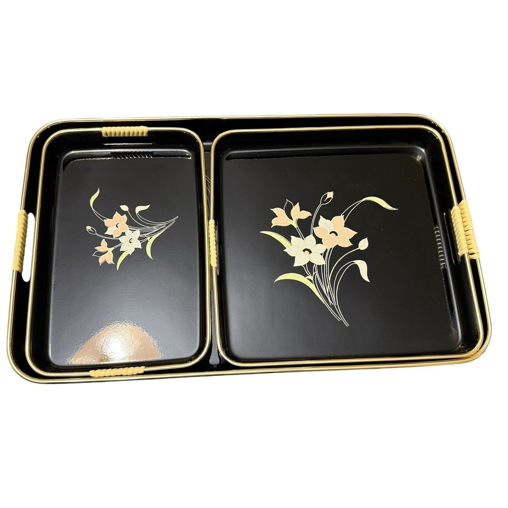 Vintage MCM Japan Lacquered Nesting Serving Trays Set of 3 Floral